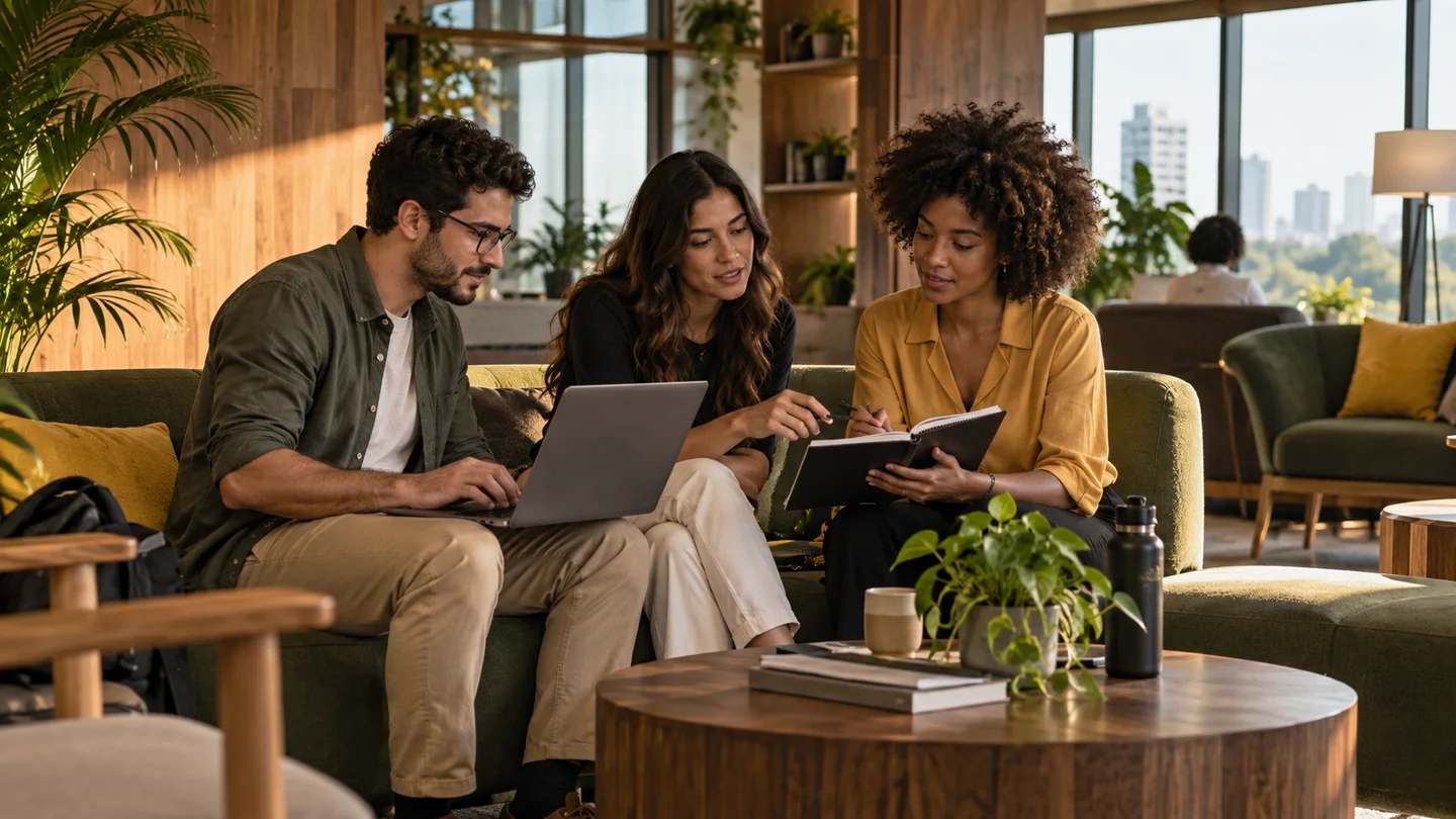 Pessoas aprendem e trocam conhecimentos em um espaço corporativo.