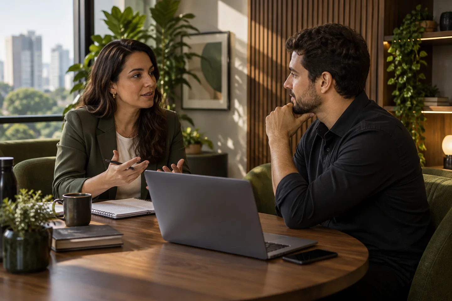 Gestora e colaborador revisam objetivos em uma conversa de acompanhamento.