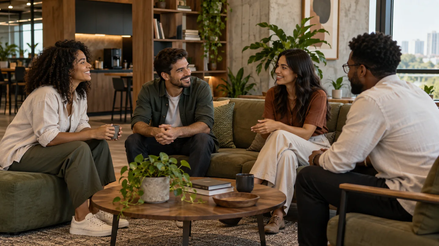 Equipe conversa e compartilha experiências no ambiente da organização.