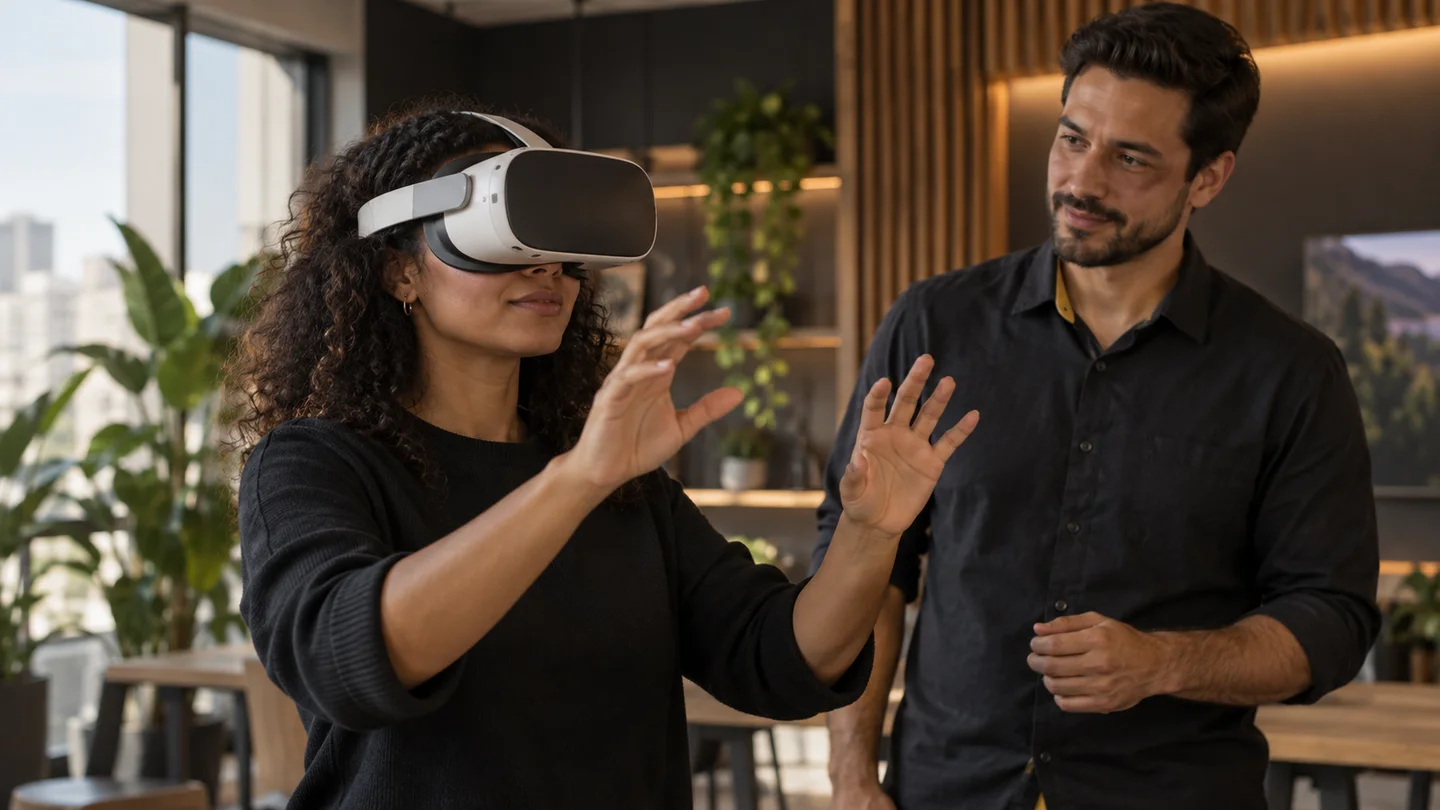 Profissional explora uma atividade de treinamento com realidade virtual.