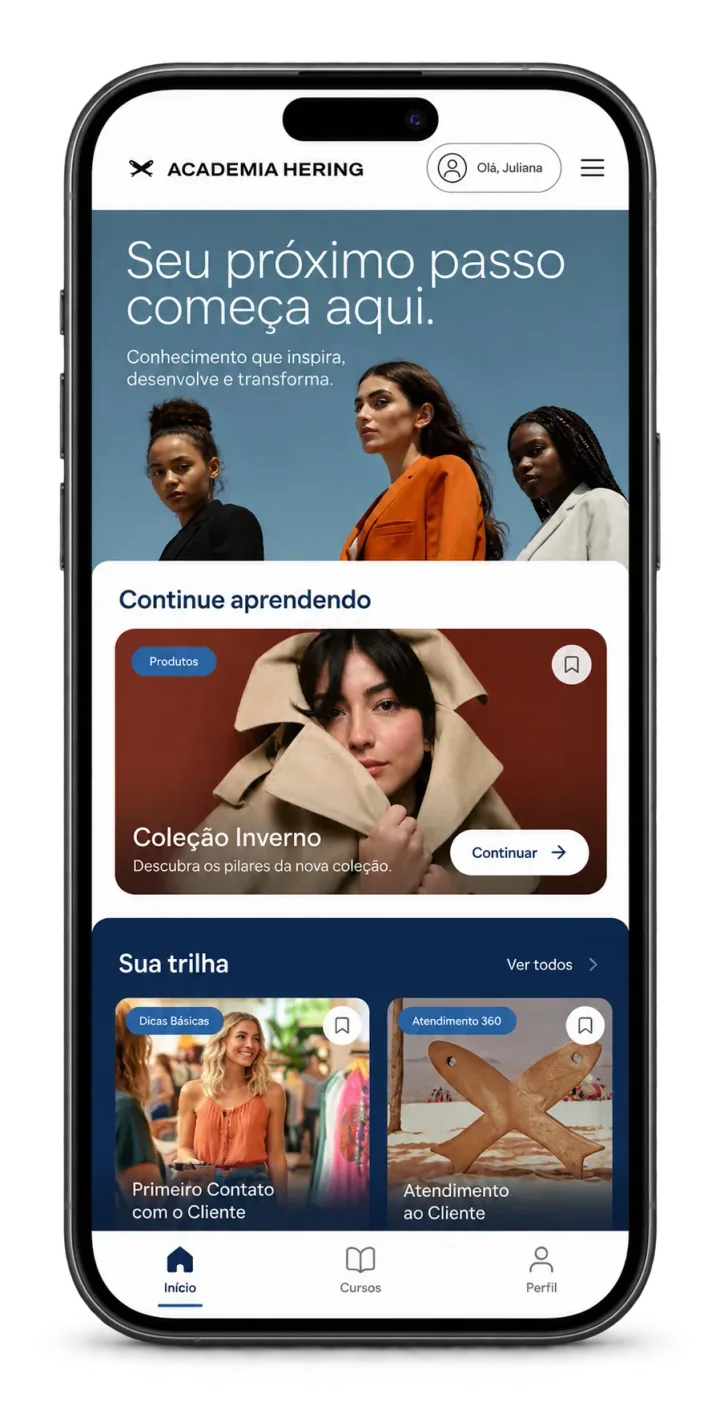 Mockup de celular com uma adaptação da experiência Academia Hering para navegação no App Nativo