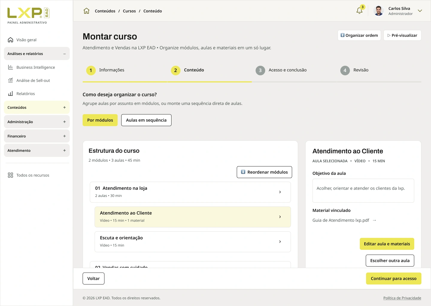 Painel administrativo LXP EAD: organização de módulos, aulas e materiais de um curso